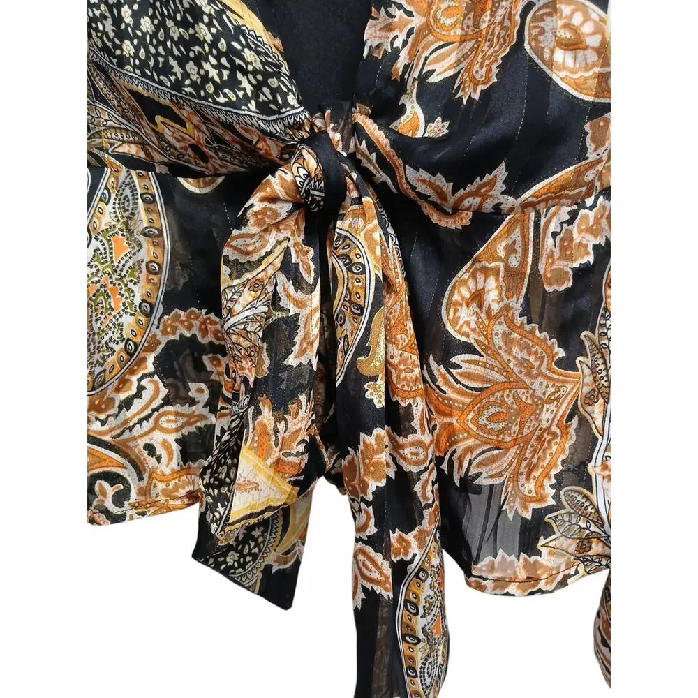 NEW Fashion Nova Blouse S Black Gold Equestrian‎ Paisely Babydoll Puff Sleeve